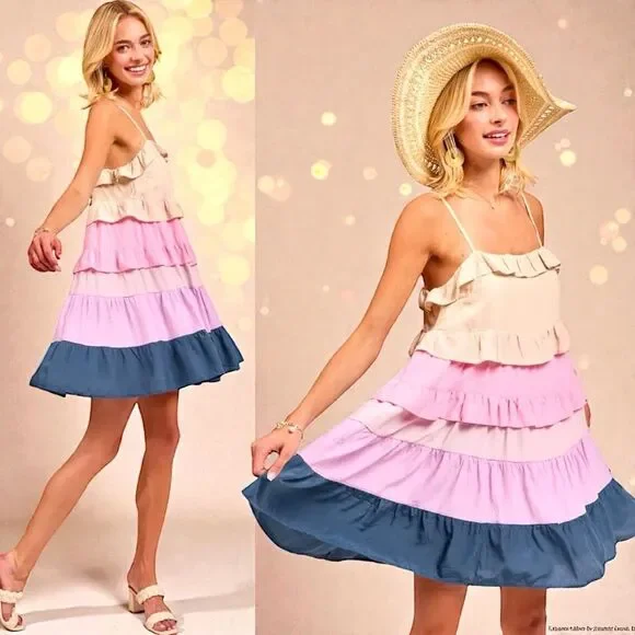 BiBi Color Blocked Ruffled Tiered Dress Medium NWT | - Picture 5 of 14